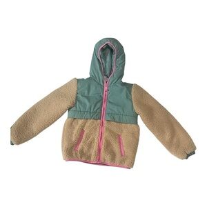 wonder nation Teal, Tan & Pink Hooded Sherpa Bomber Jacket